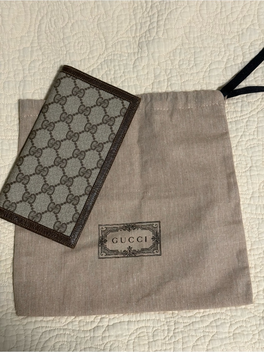 Gucci Vintage Beige GG Monogram Long Bifold Wallet with Brown Trim DUSTY and COA